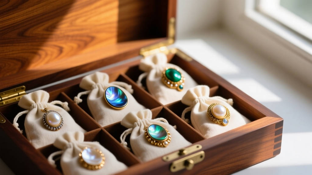 Antique mother of pearl jewelry stored inside unbleached cotton pouches within a lined mahogany wooden jewelry box interior space