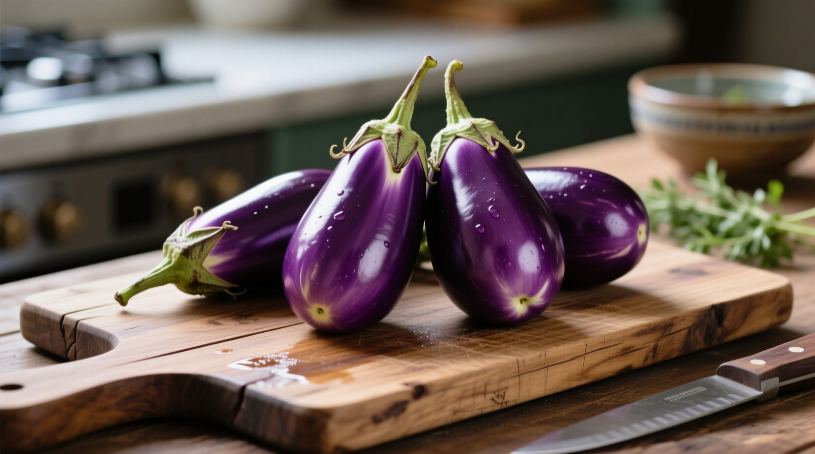 Fresh purple eggplants on wooden cutting board