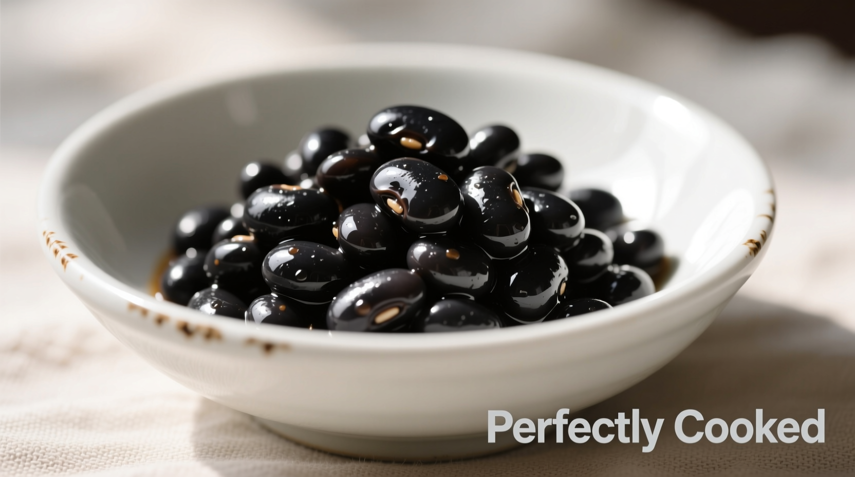 Perfectly cooked black beans in white ceramic bowl