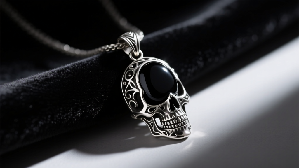 Heavy oxidized sterling silver pendant with a skull motif and black onyx cabochon resting on dark velvet fabric in moody lighting.