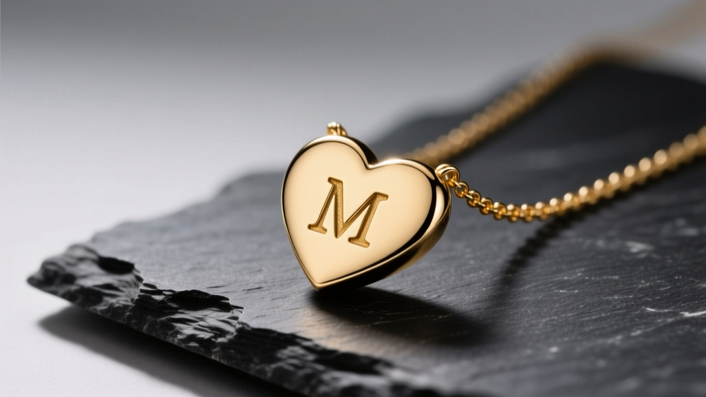 Macro shot of a 14k gold heart necklace with initial M on dark slate, studio lighting highlighting the polished metal surface.