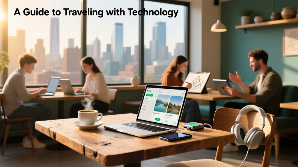 A photo of a up of coffee and a laptop near a window with a scenic view