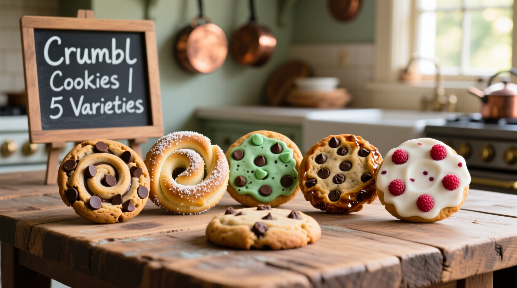 Five Crumbl cookie varieties arranged on a wooden table
