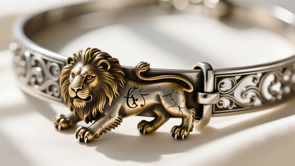 Macro view of a worn lion passant hallmark on a Victorian silver collar necklace barrel clasp examined with a jeweler