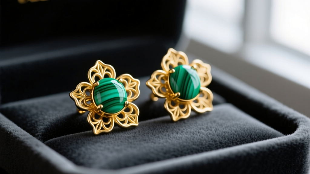Macro shot of 18k yellow gold and green malachite flower stud earrings resting on a dark charcoal velvet jewelry display tray.