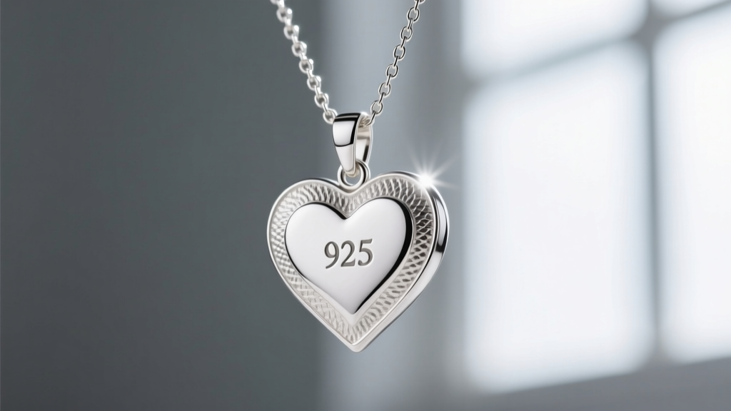 Macro shot of a sterling silver heart pendant bail stamped with a 925 hallmark, attached to a 1.2mm box chain under bright light.