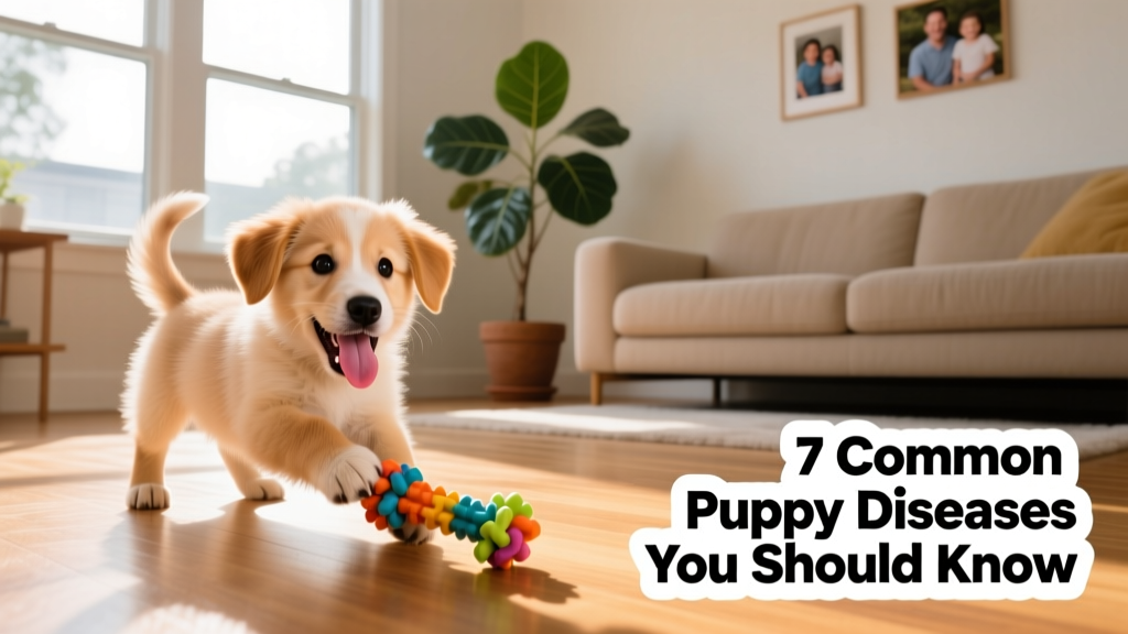Happy, energetic 12-week-old puppy playing with a chew toy in a sunlit living room