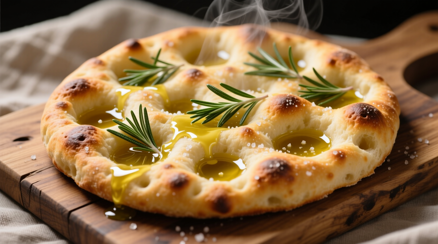 Golden garlic focaccia bread with rosemary and olive oil pools