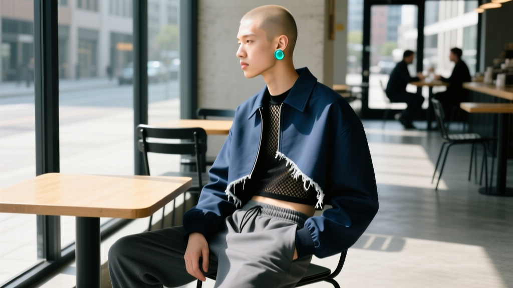 Side profile of a person wearing a minimalist teal glass stud earring and modern asymmetrical streetwear in a sunlit urban cafe