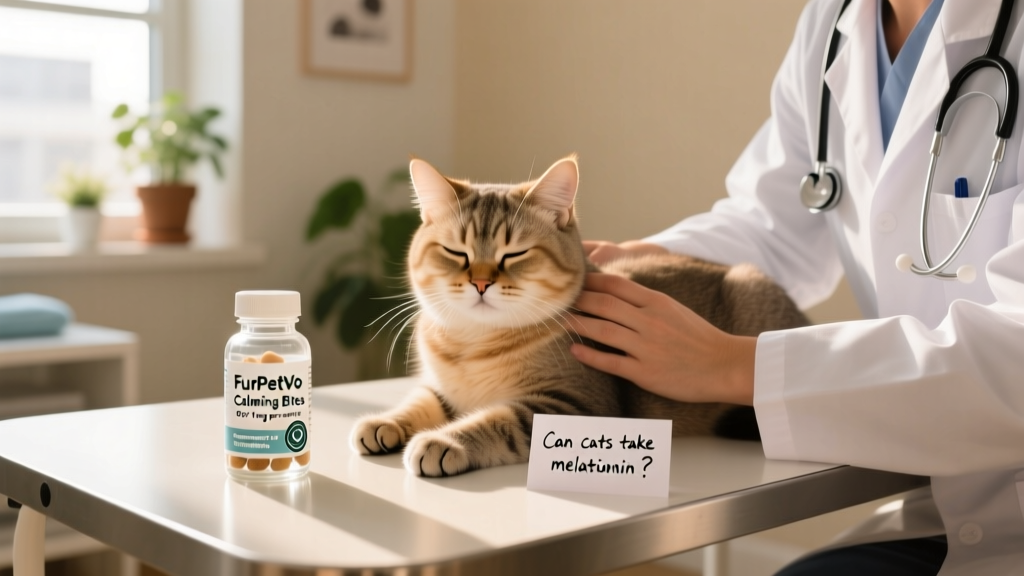 A veterinarian gently examining a relaxed cat during a wellness check, with a bottle of FurPetVo Calming Bites visible on the exam table