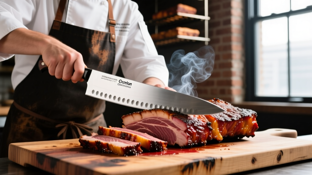 Pitmaster slicing a perfectly smoked beef brisket with a 12-inch scalloped Granton edge slicing knife on a wooden cutting board