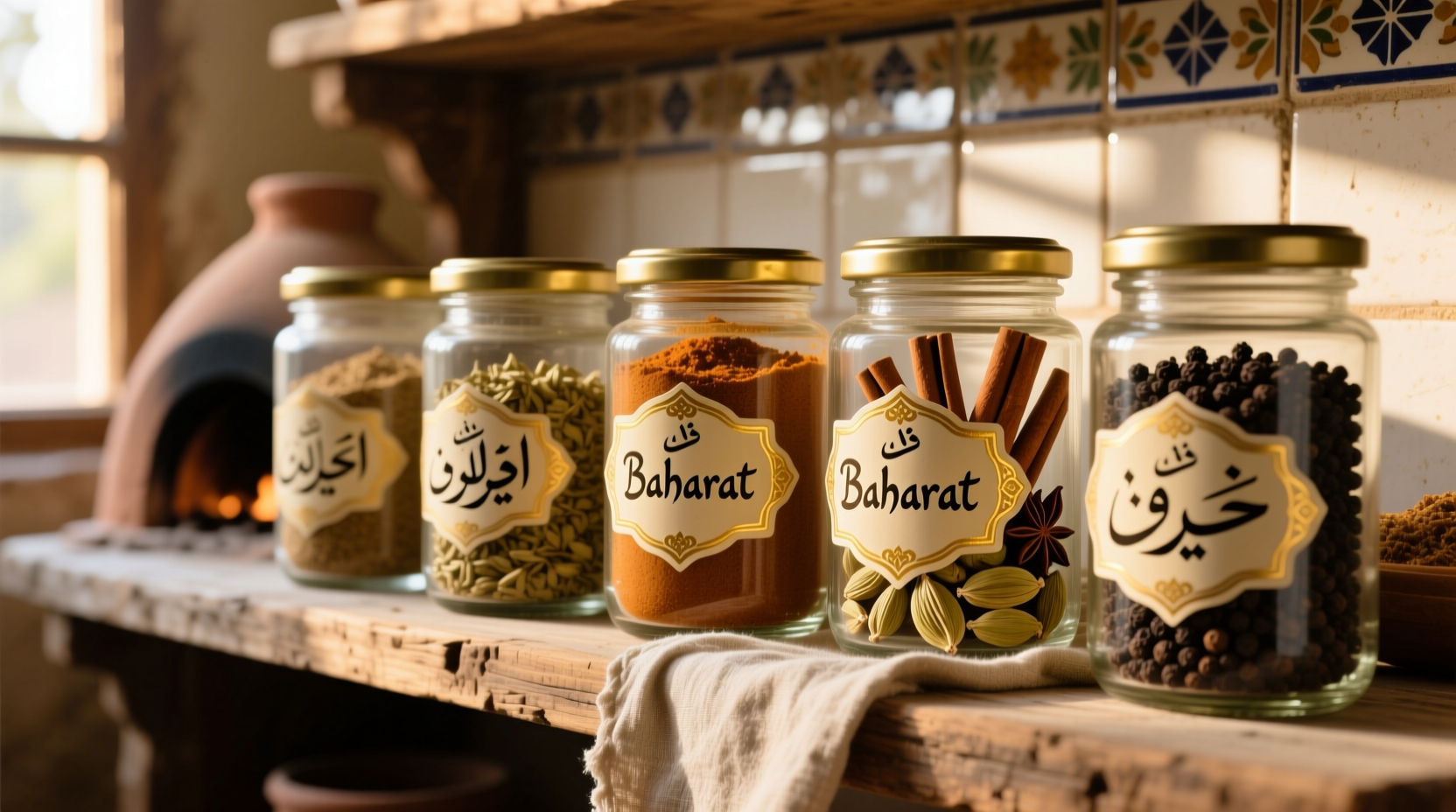 Traditional baharat spice blend in glass jars