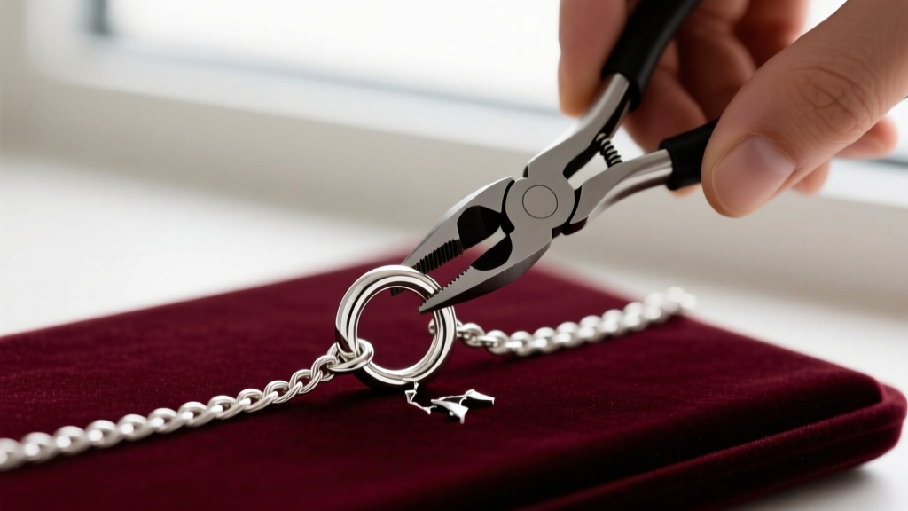 Hands using flat-nose pliers to open a 20-gauge sterling silver jump ring, attaching it to a broken cable chain on a velvet pad