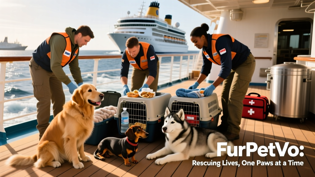 FurPetVo crew members preparing emergency supplies on deck