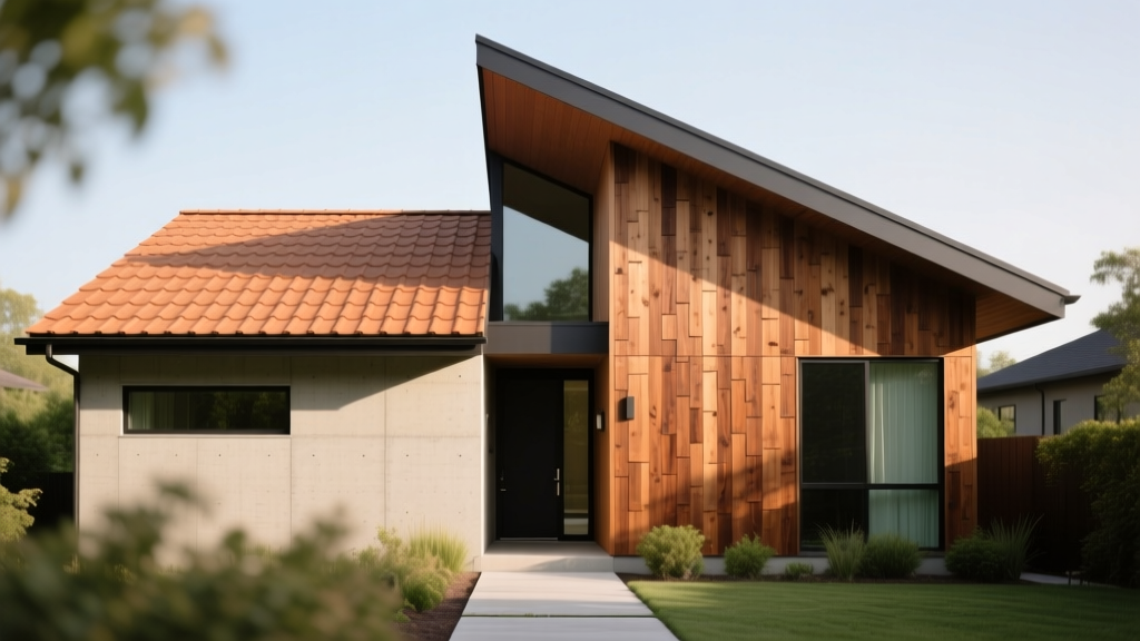 Modern home exterior showing a split roof of terracotta concrete tiles on the left and natural cedar wood shakes on the right