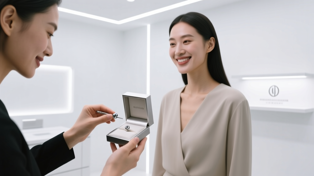 Piercer in a sterile studio handing a packaged threadless jewelry box to a smiling client under bright, clean clinical lighting