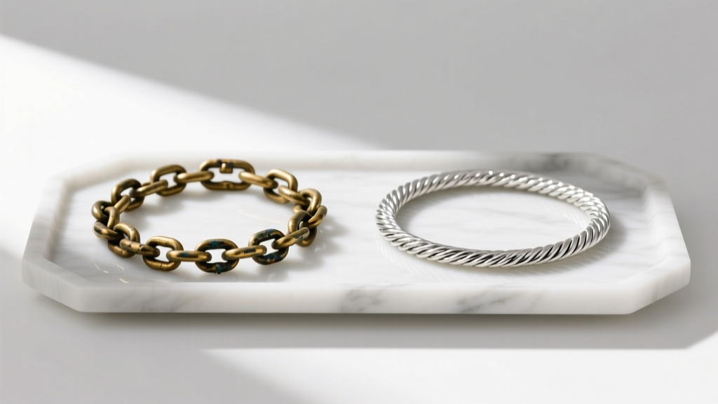 Side-by-side comparison of a tarnished brass chain and a bright 925 sterling silver cable chain on a white marble display tray.