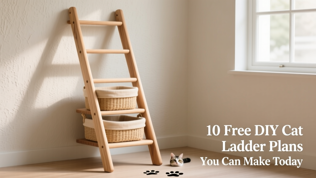 A light oak Scandinavian-style cat ladder against a neutral wall, with soft woven baskets tucked beneath the lowest rung