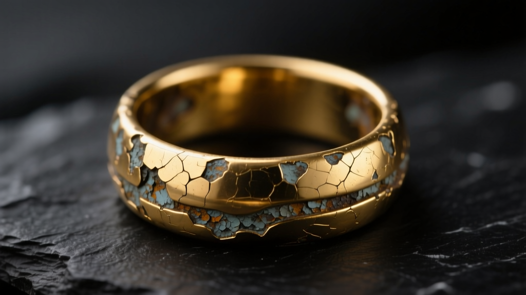 Macro view of a tarnished gold plated brass ring showing microscopic flaking, lit by soft studio lighting on dark slate.