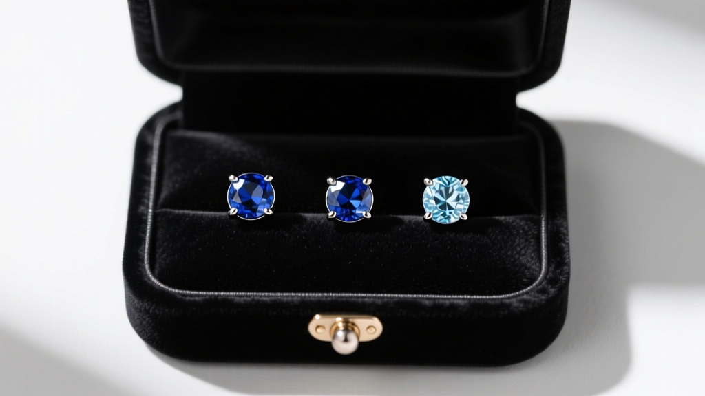 Overhead flat-lay of a velvet box displaying three 16-gauge titanium threadless labret studs with bezel-set sapphire gems