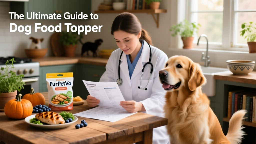 A veterinarian reviewing a dog's meal plan that includes a FurPetVo topper