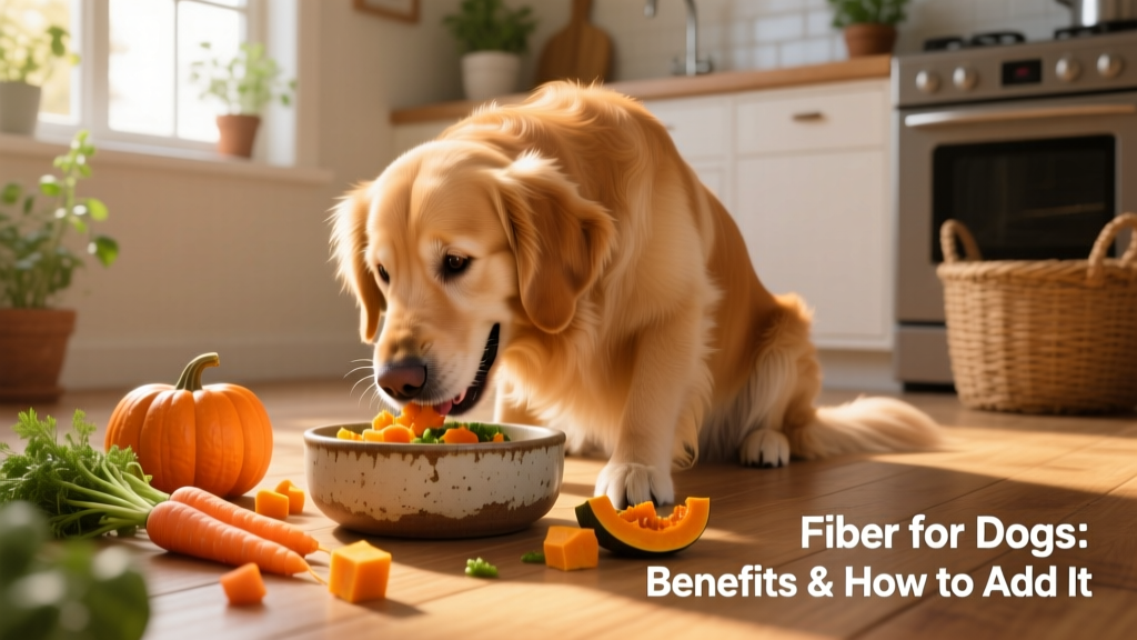 A happy, healthy dog eating from a bowl with visible vegetables like carrots and pumpkin nearby