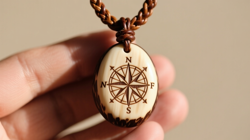 Close-up of a hand-engraved scrimshaw tagua nut pendant featuring a nautical compass rose design on a braided leather cord.