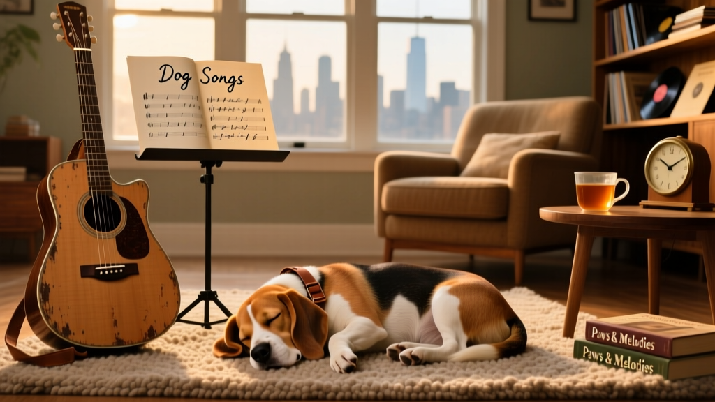 A cozy living room scene with a sleeping beagle on a rug beside a guitar and sheet music titled 'Dog Songs'