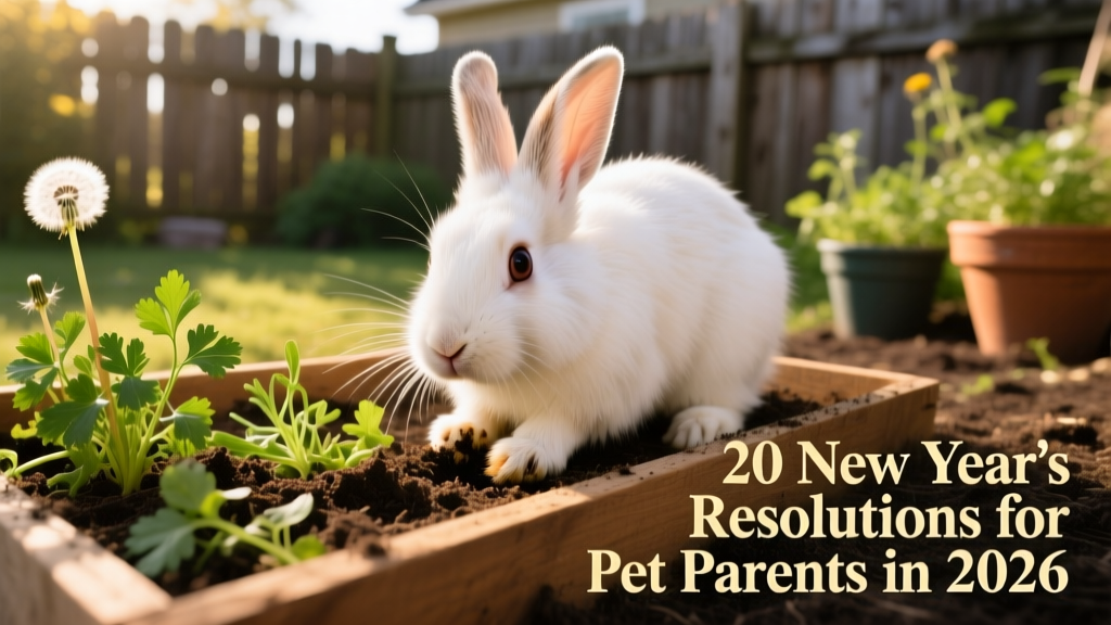 Rabbit intently digging through a shallow tray of soil and edible herbs during a foraging activity