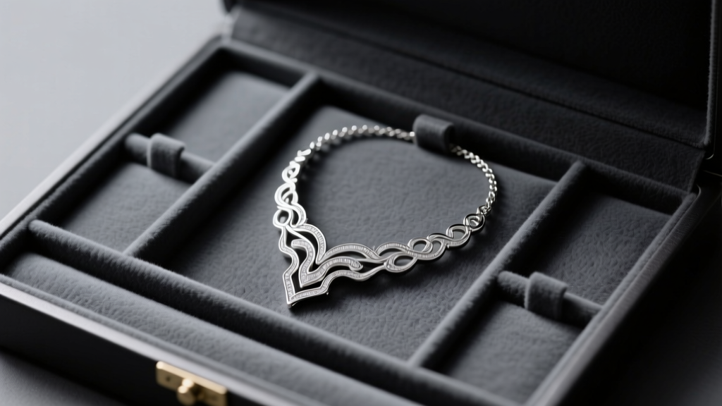 A sterling silver necklace inside a dark grey felt-lined anti-tarnish jewelry box with compartments, lit by soft studio lighting.