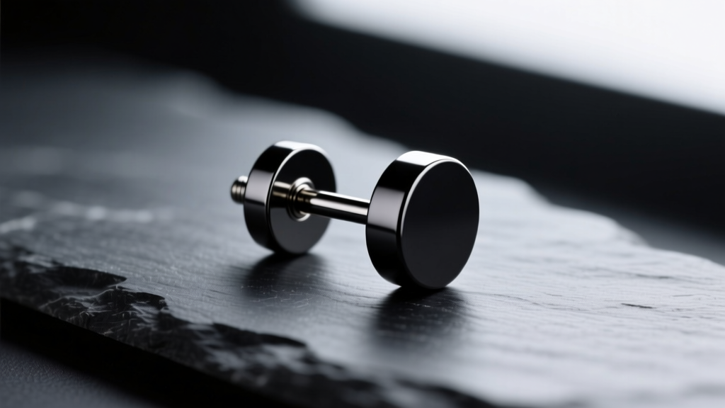 Macro photography of a 10mm matte black tungsten stud earring with a thick 14-gauge post resting on dark slate.