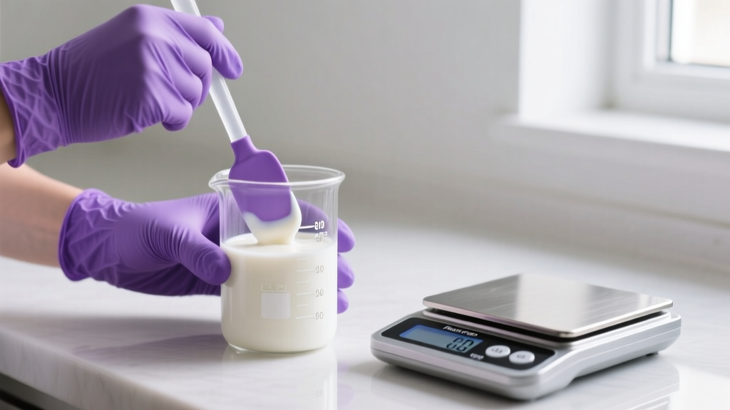Purple nitrile gloves stirring a glass beaker of opaque white milk paste with a silicone spatula next to a digital gram scale
