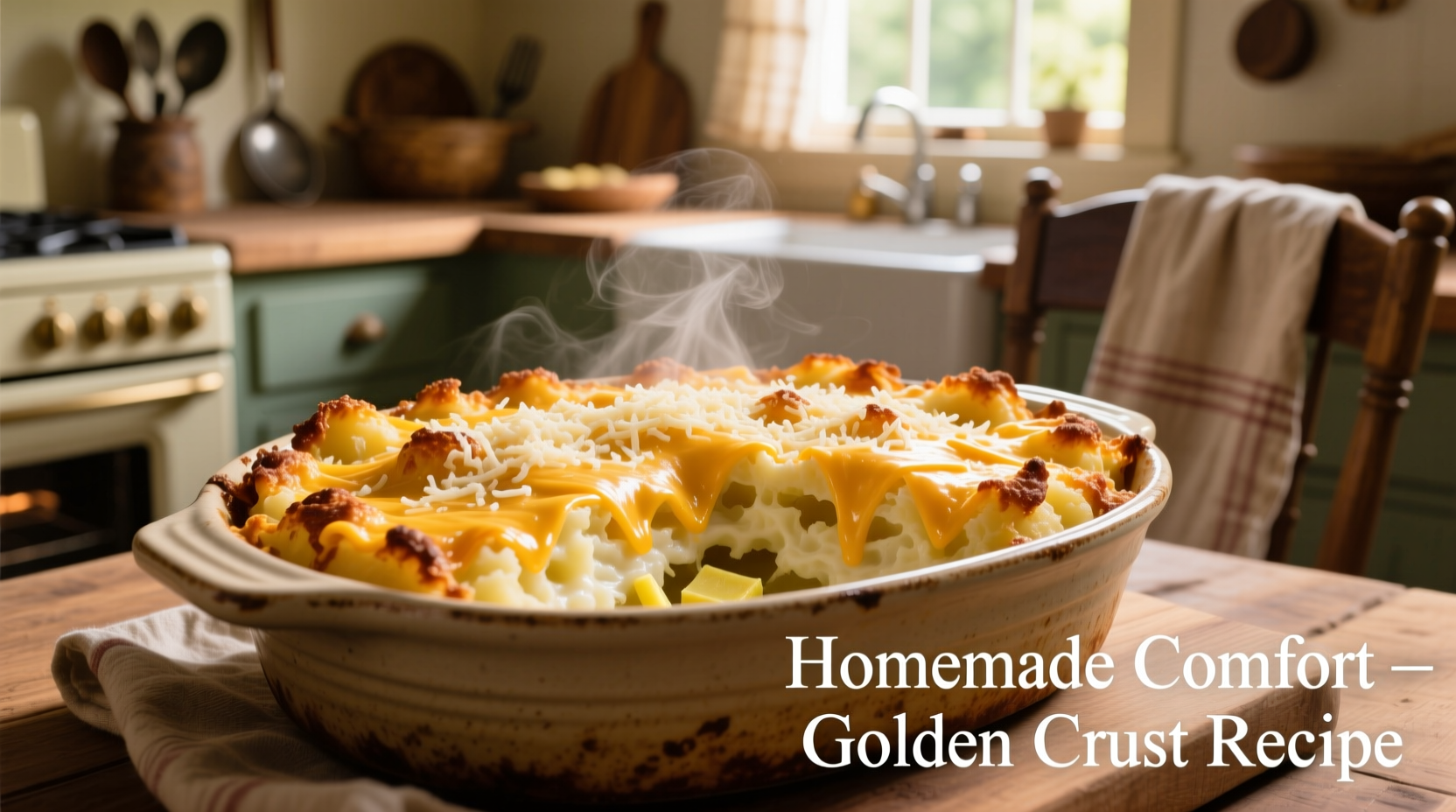 Golden baked potato casserole with cheese crust