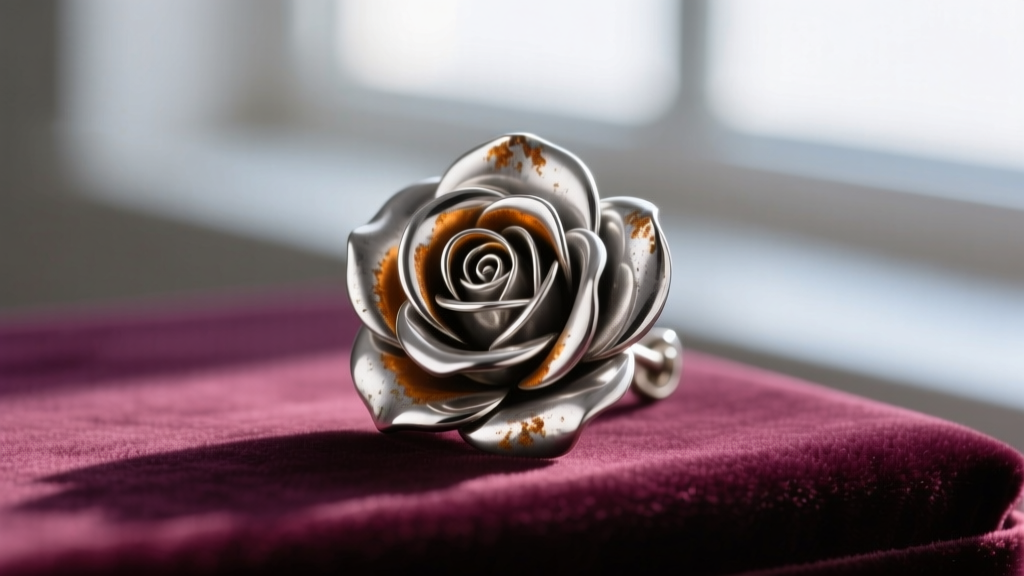 Close-up of a tarnished silver rose earring on velvet, showing intricate petal details and slight oxidation in the deep crevices.