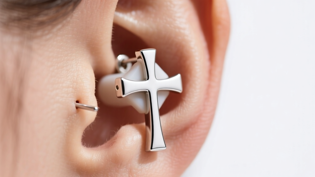 Macro shot of sterling silver long cross earring hardware and silicone backing, showing weight distribution on a pierced earlobe