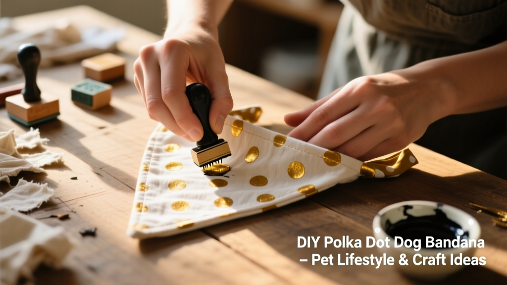 Close-up of hands stamping gold polka dots onto a triangular dog bandana cut from a T-shirt
