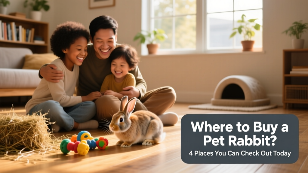 A happy family sitting on the floor with their adopted rabbit exploring nearby, surrounded by safe toys and fresh hay