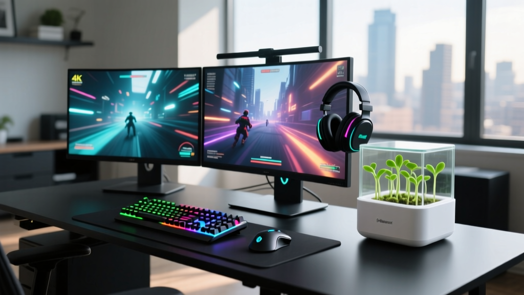 Modern gaming battlestation with dual monitors, RGB peripherals, and a compact white smart garden nestled beside a mechanical keyboard.