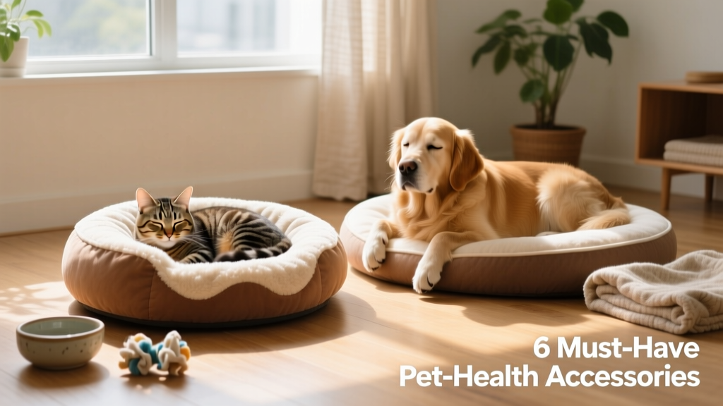 A calm cat resting in a plush donut-shaped anxiety bed beside a relaxed dog on a similar bed