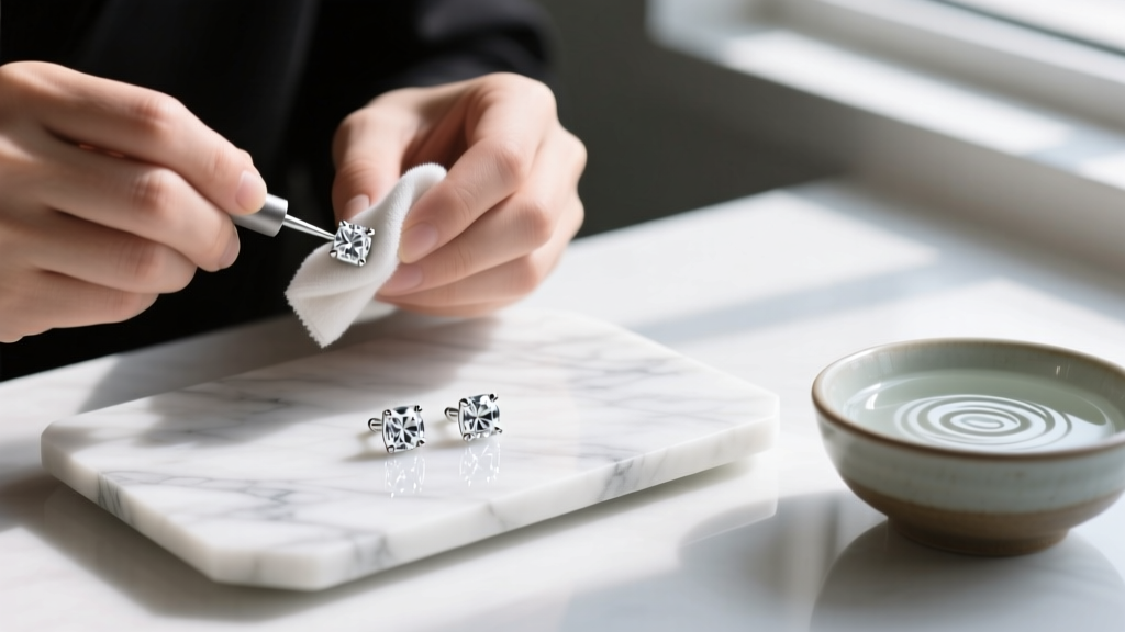 Jeweler polishing sterling silver CZ stud earrings with a microfiber cloth on a marble tray, next to a bowl of mild soapy water