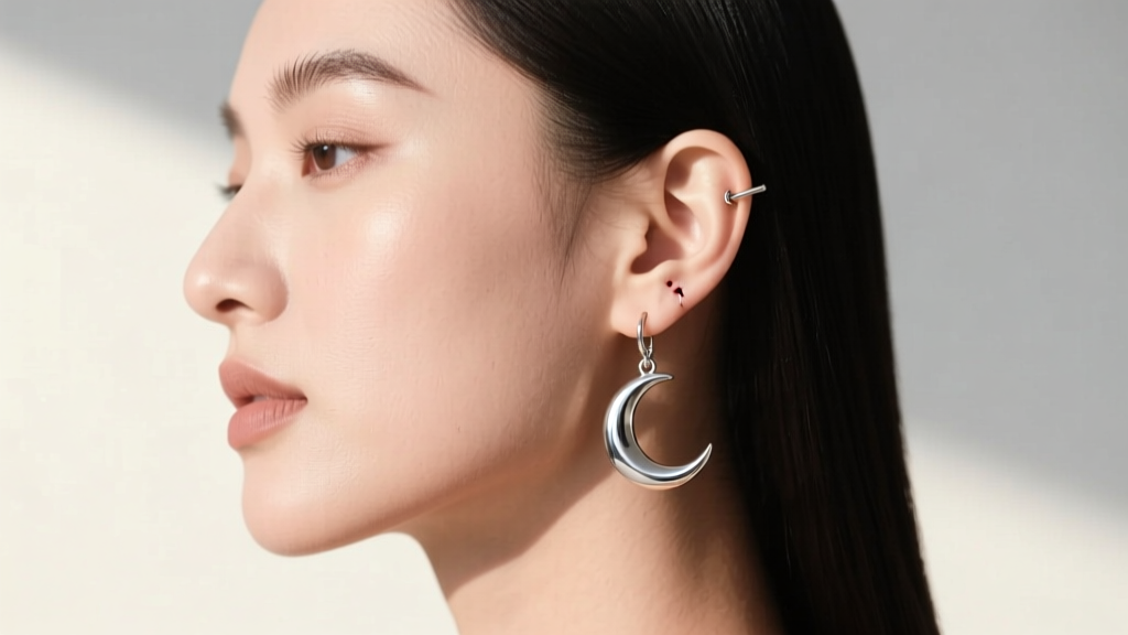 Side profile of a woman wearing titanium moon dangle earrings, showing a 20-gauge wire resting comfortably on her healed earlobe.