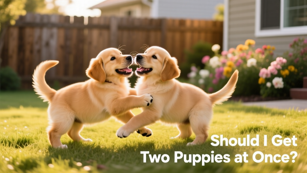 Two playful, well-socialized puppies gently wrestling on a grassy yard