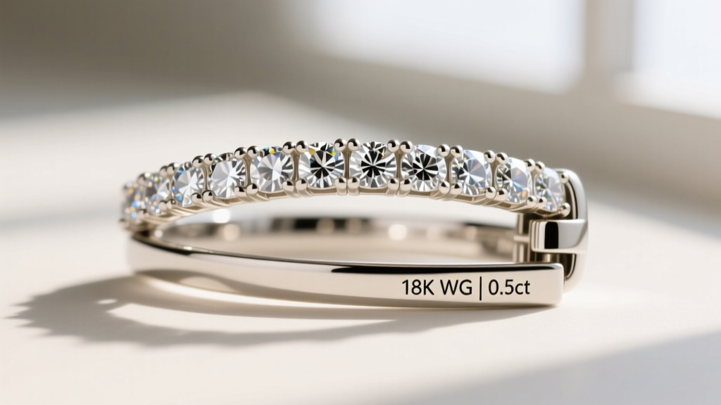 Macro photography of a modern lab-grown diamond riviere clasp showing 18k white gold prong settings and a laser inscription.