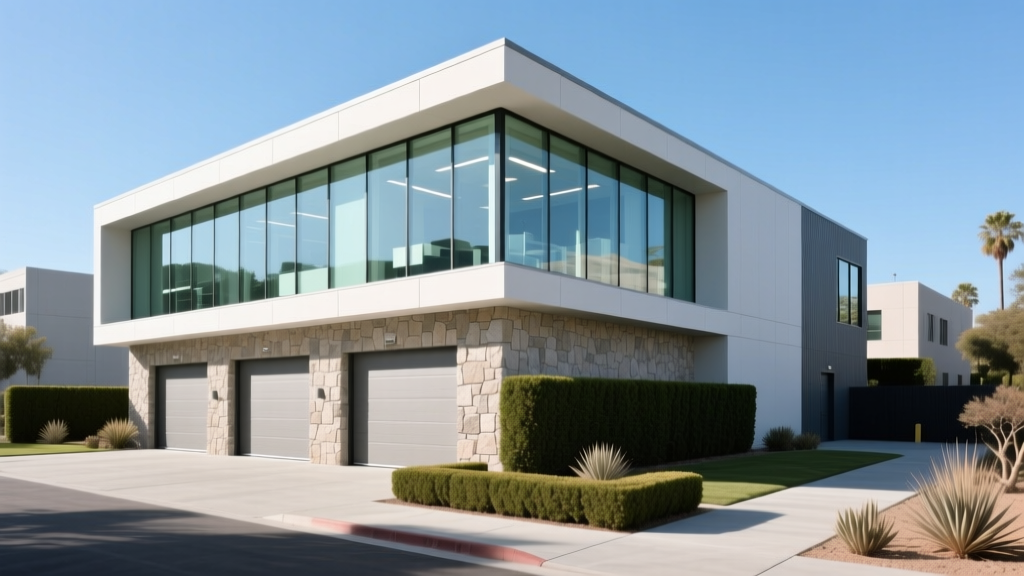 Architectural rendering of a modern two-story climate-controlled self-storage facility with stone accents and glass office
