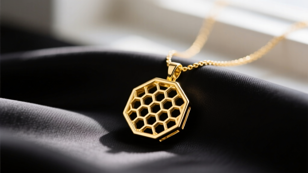 Close-up of an 18k yellow gold honeycomb necklace pendant featuring intricate hexagonal lattice work resting on dark silk fabric