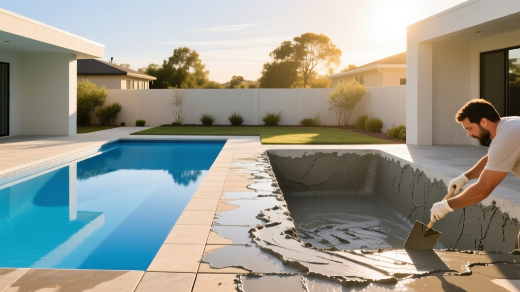 Backyard showing a smooth blue fiberglass pool shell on the left and a textured gunite concrete pool being plastered on the right