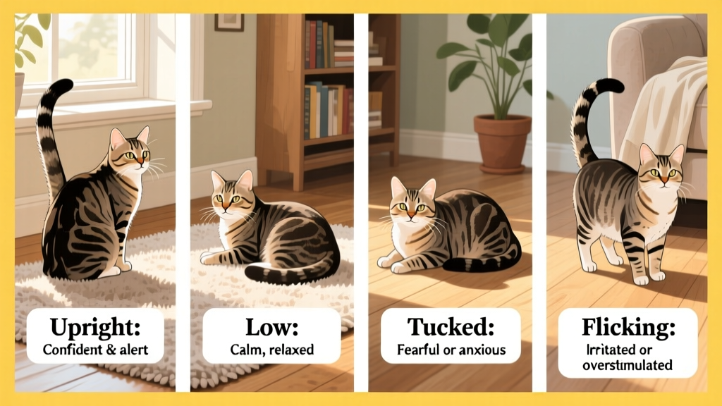 Side-by-side illustrations showing common cat tail positions: upright, low, tucked, and flicking