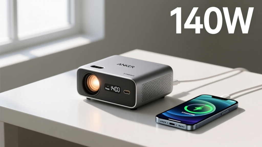Anker Prime 27650mAh power bank charging a portable projector and smartphone simultaneously with digital display showing 140W output