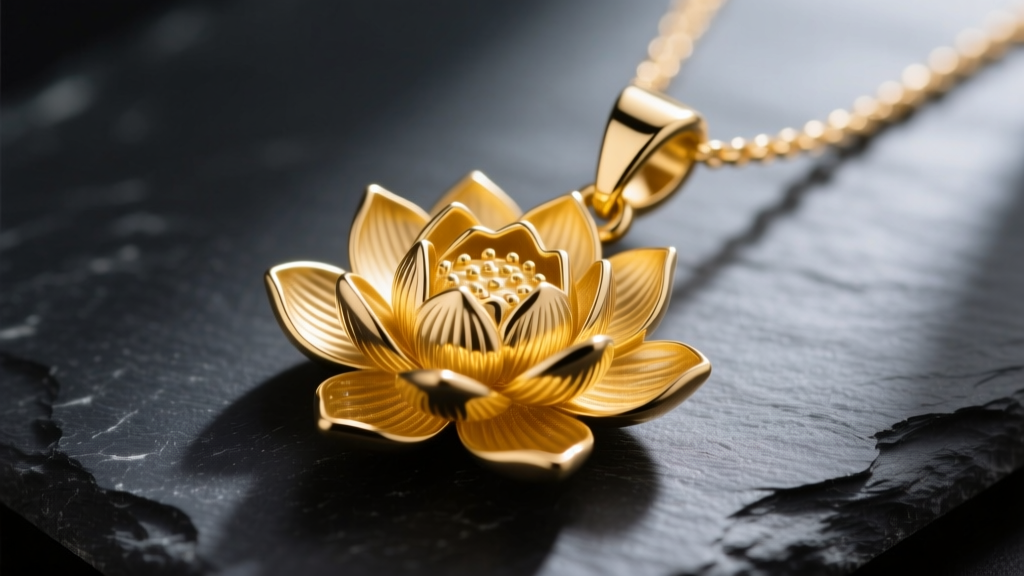 Macro shot of a 14k yellow gold lotus pendant necklace on dark slate, showing intricate petal textures and a sturdy tapered bail.