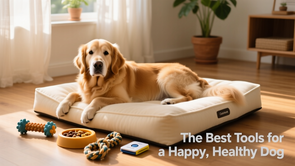 A calm, well-cared-for dog resting on a soft bed beside a few training tools and toys